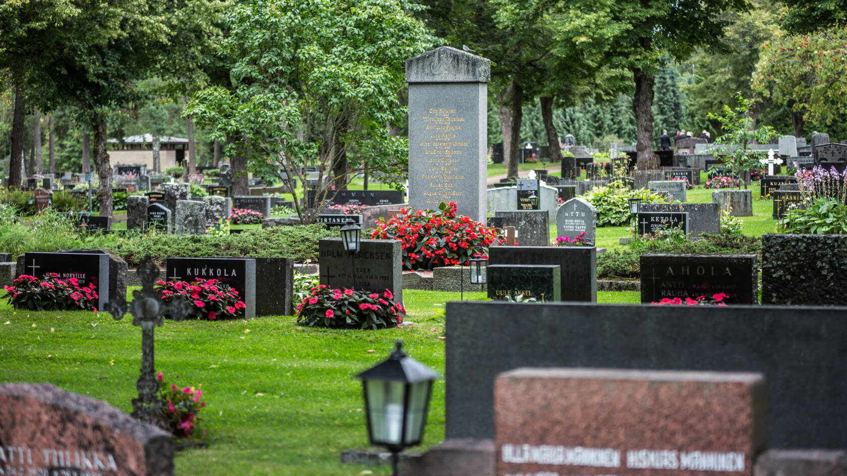Hautakivien rivistöjä, keskellä suurempi muistomerkki.