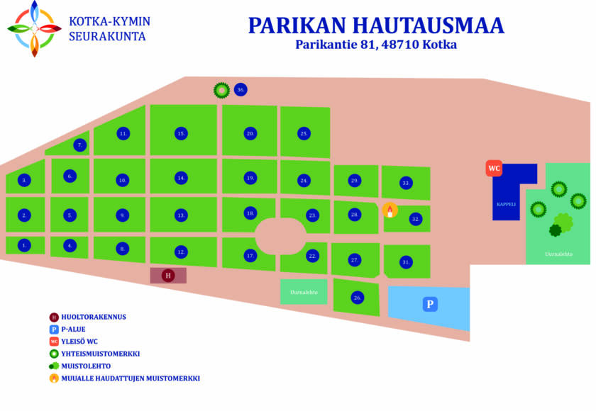 Hautausmaan kartta, johon on merkitty osastot ja rakennukset.
