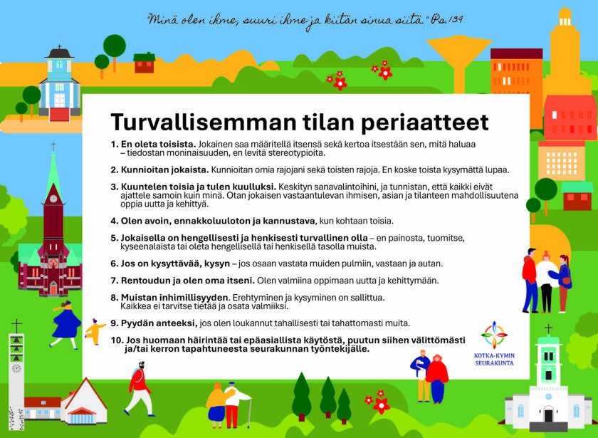 Turvallisemman tilan periaatteet kuvitettuna julisteena.